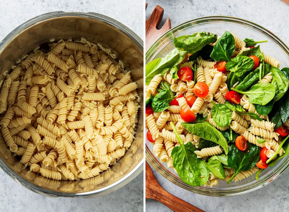 Two photos showing How to Make Pesto Pasta Salad - cooked pasta and assembling pasta salad with spinach base.