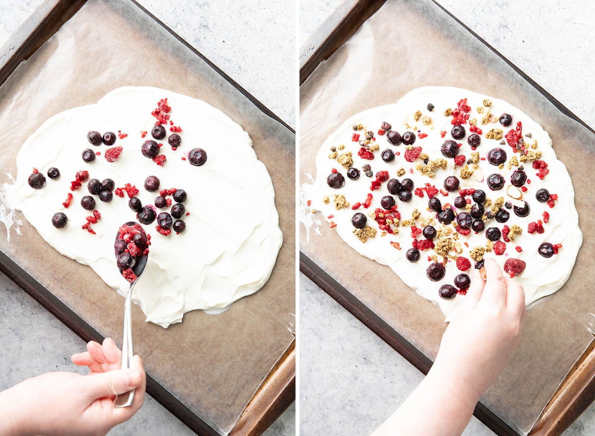Two photos showing How to Make Frozen Yogurt Bars – sprinkling fruit and granola