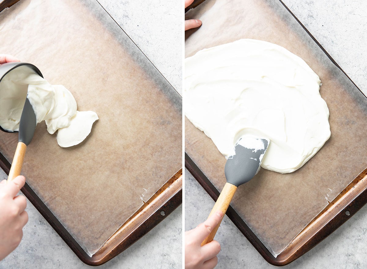 Two photos showing How to Make Yogurt Bars – spreading layer of yogurt onto baking sheet