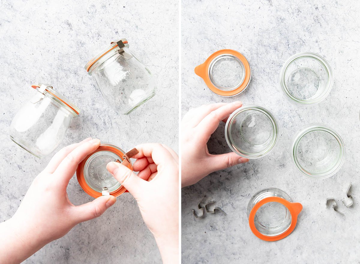Two photos showing How to Make Coconut Chia Pudding – removing lids from pudding jars