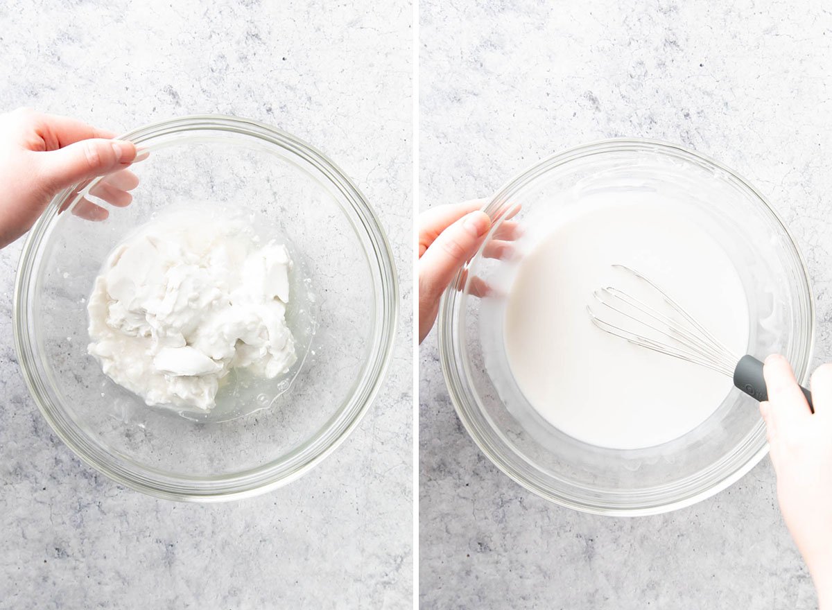 Two photos showing How to Make Coconut Chia Pudding – scooping coconut milk into bowl and melting until smooth