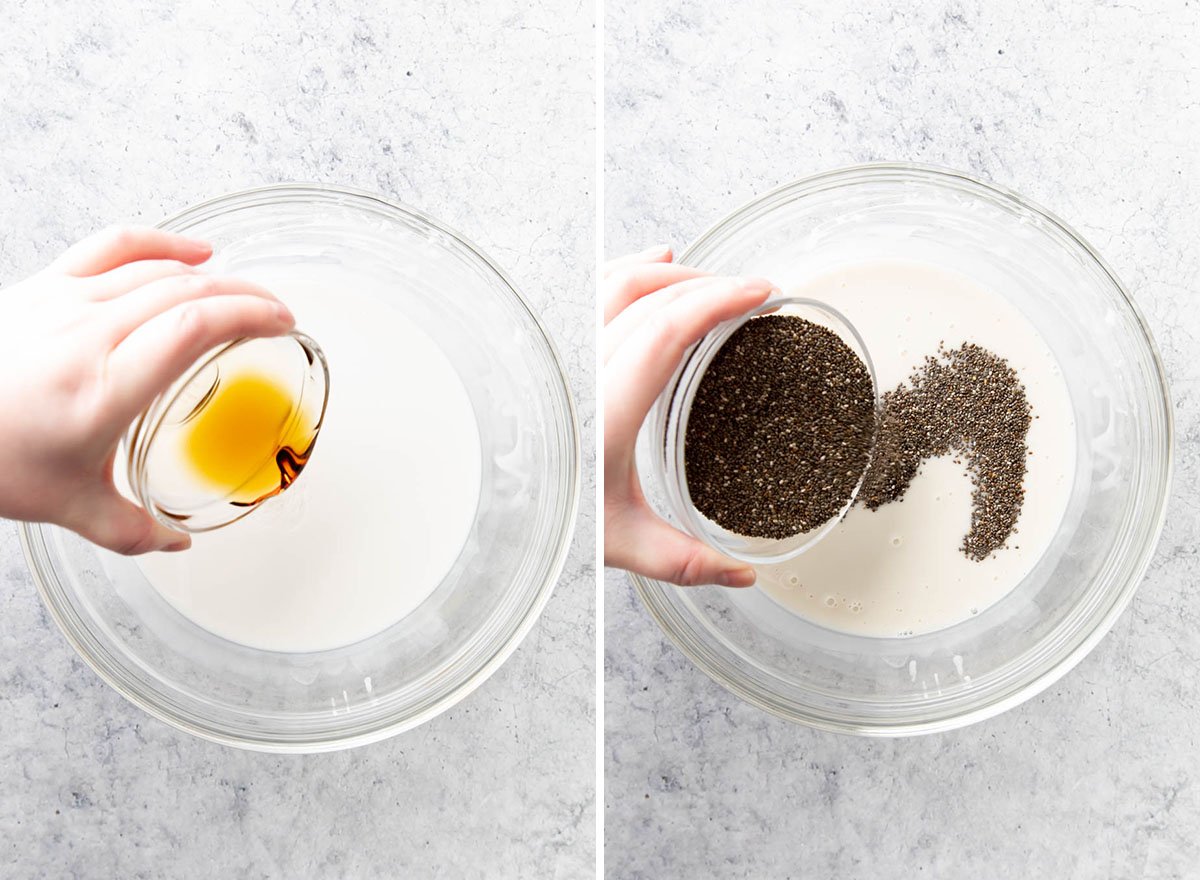 Two photos showing How to Make Coconut Chia Pudding – whisking in maple syrup and chia seeds