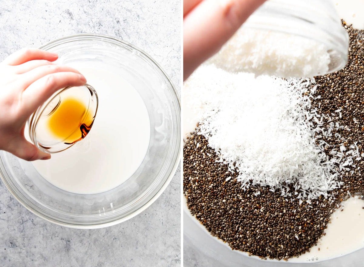 Two photos showing How to Make Coconut Chia Pudding – adding maple syrup, coconut, and chia seeds to coconut milk.