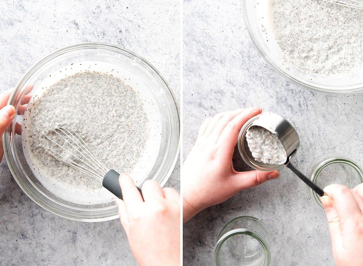 Two photos showing How to Make Coconut Chia Pudding - whisking the pudding and pouring it into jars.