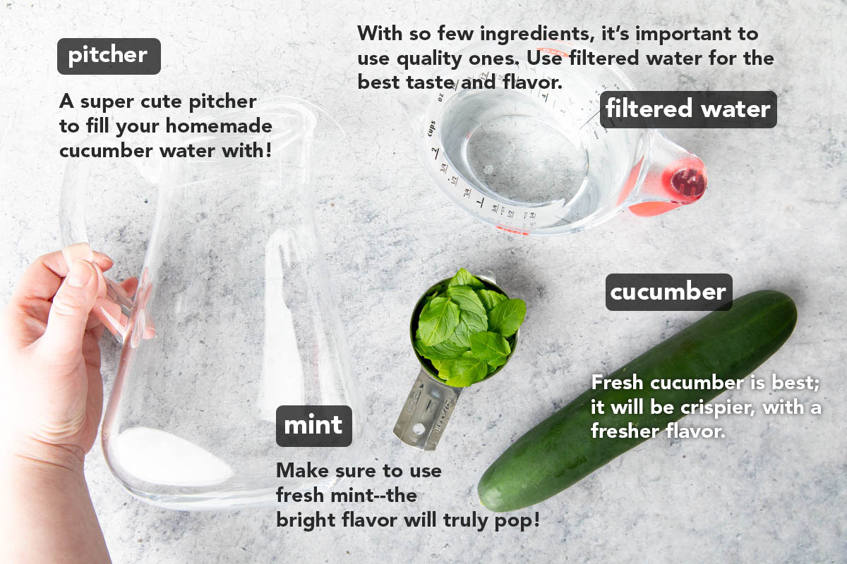 Cucumber Water recipe ingredients laid out on a table, including cucumber, mint, and filtered water