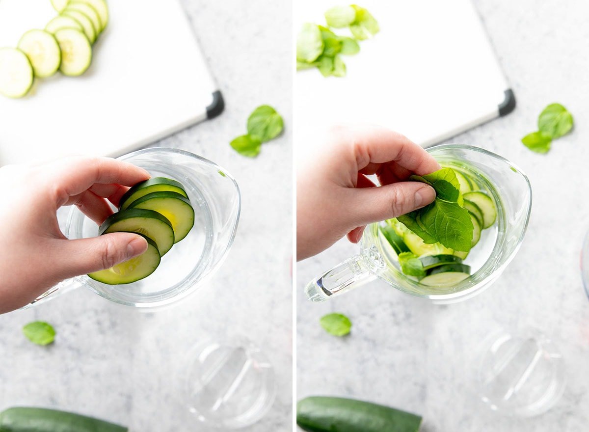 Two photos showing How to Make Cucumber Water – adding cucumber slices and fresh mint leaves