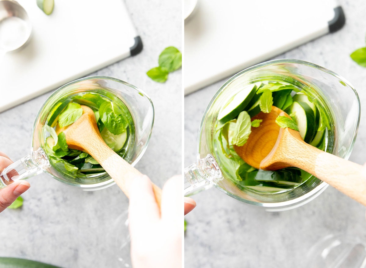 Stirring ingredients into healthy drink recipe with a wooden spoon
