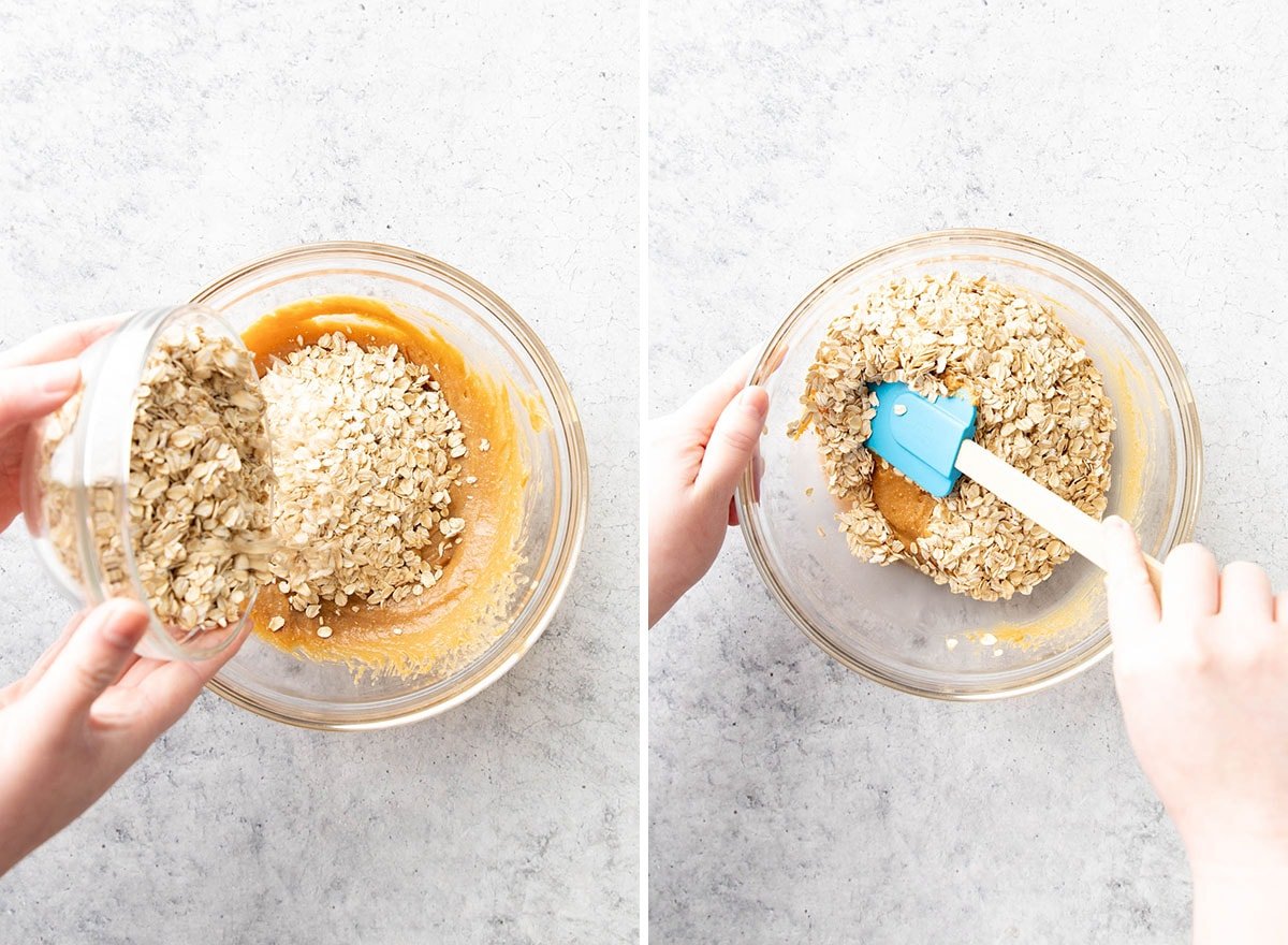 Two photos showing How to make Peanut Butter Oatmeal Cookie Cups – folding oats into the peanut butter