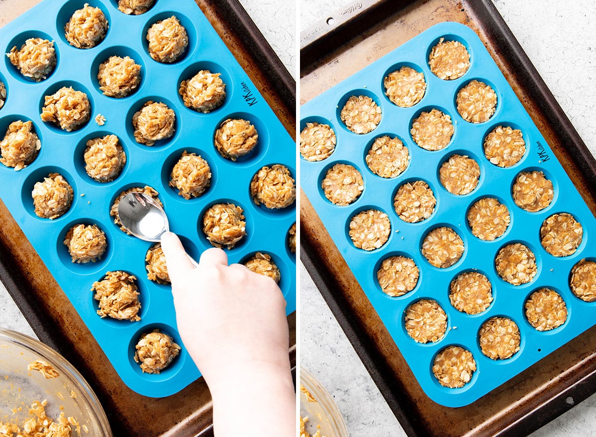 Two photos showing How to make no bake peanut butter oat cups – smoothing the the layers