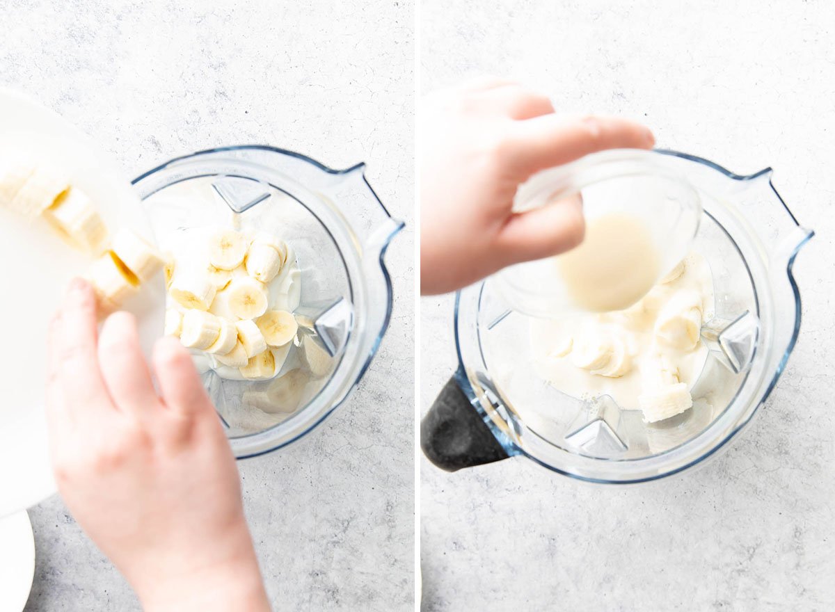 Dwa zdjęcia pokazujące jak zrobić smoothie jagodowo-ananasowe - z dodatkiem mleka, jogurtu i bananów