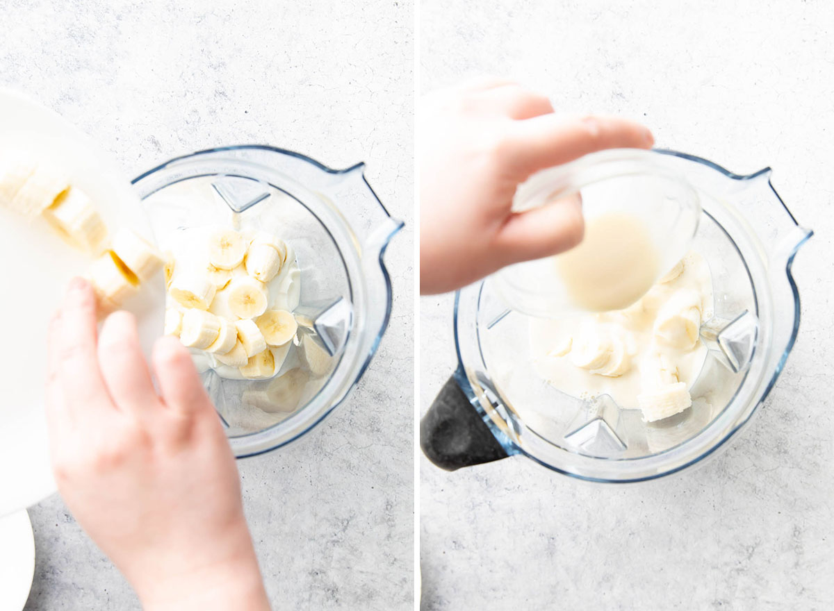 Two photos showing How to Make a Berry Pineapple smoothie – adding milk, yogurt, and bananas