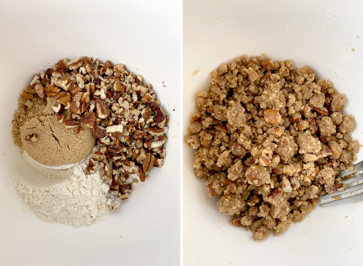 Two photos showing How to Make Cinnamon Streusel Muffins – making streusel