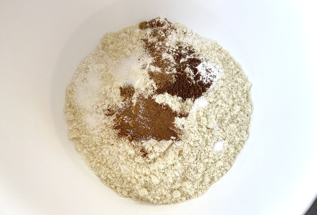 A photo showing How to Make Cinnamon Streusel Muffins – preparing the dry ingredients