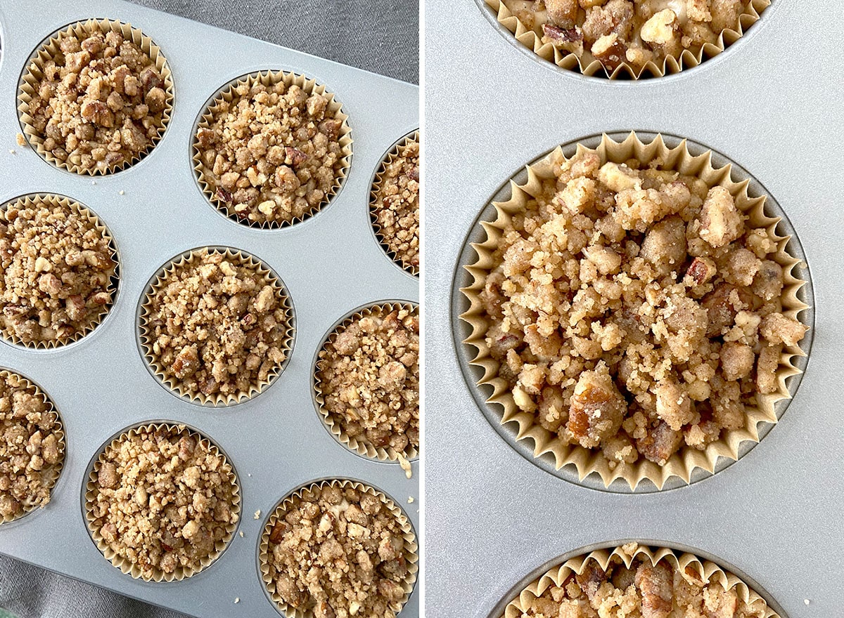 Two photos showing How to Make cinnamon muffins – adding streusel topping onto muffins