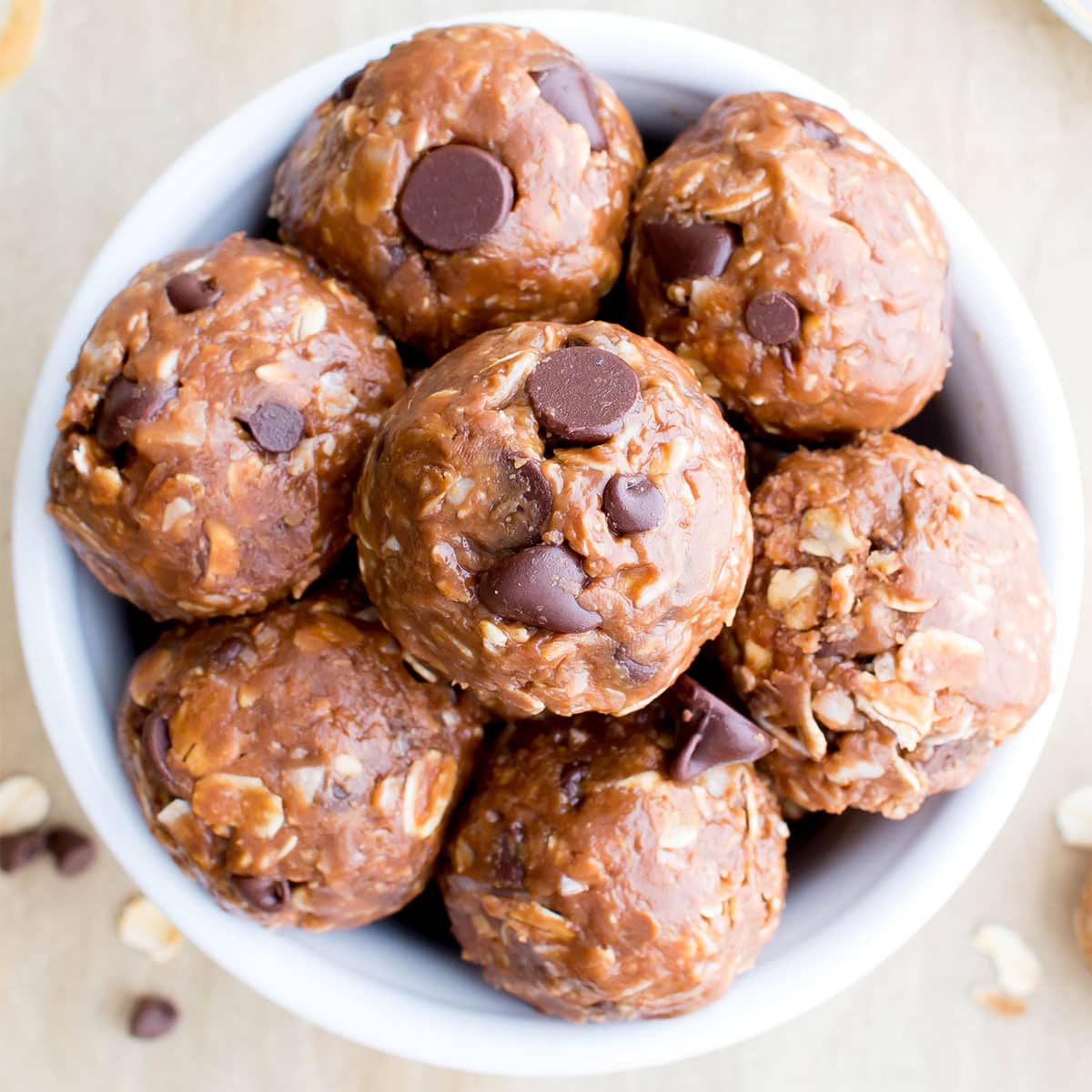 Double chocolate peanut butter flavored no bake bites in a bowl