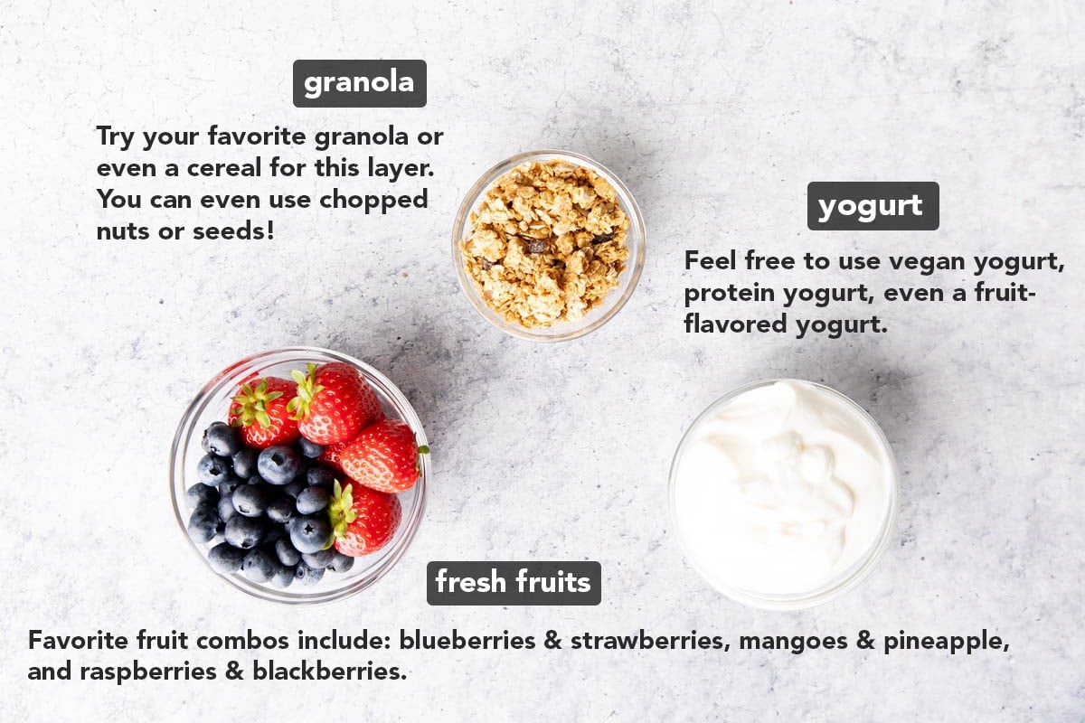 frozen yogurt bites ingredients in bowls including vanilla yogurt, blueberries and strawberries, and granola