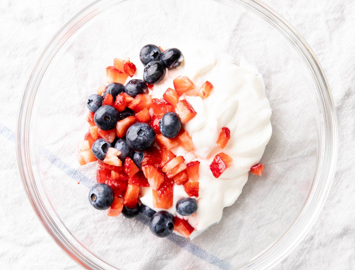 Two photos showing how to make frozen yogurt bites – fresh fruits including blueberries and strawberries on yogurt in a mixing bowl