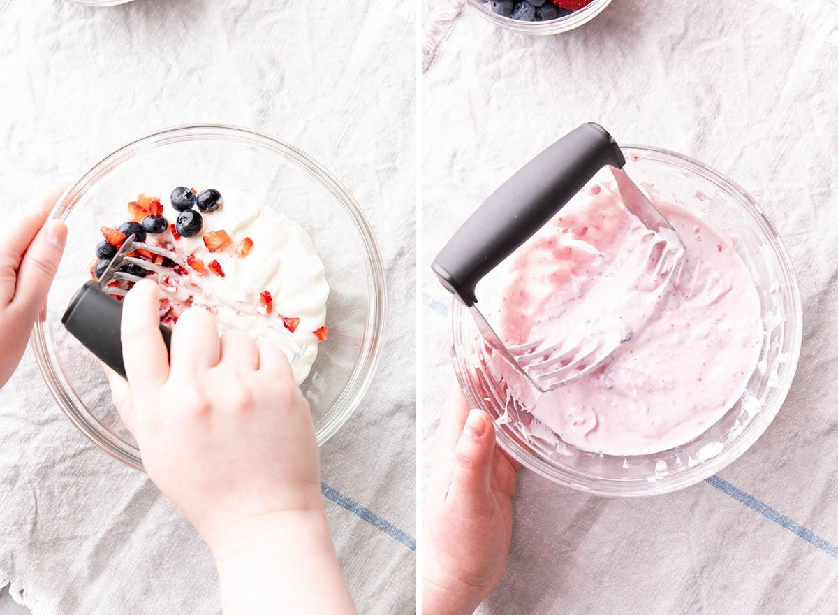 Two photos showing how to make yogurt bites – mashing fruits into yogurt in a glass mixing bowl