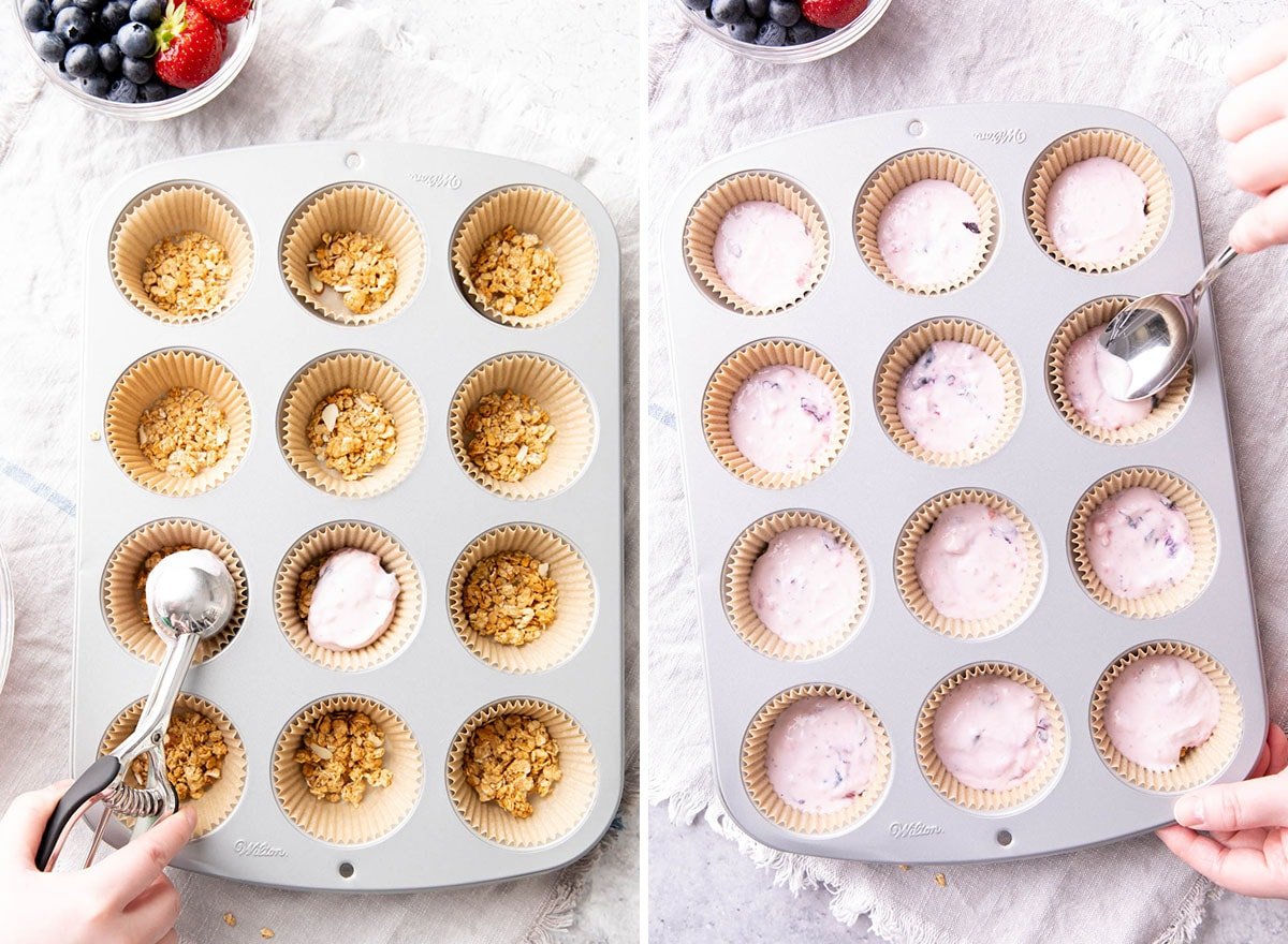 Two photos showing how to make yogurt bites – spooning mixture over granola layer
