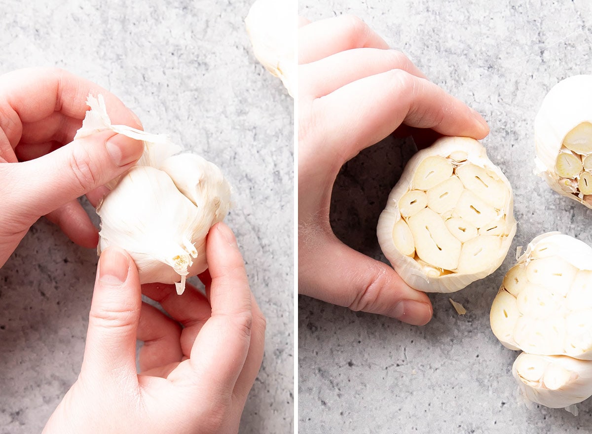 Two photos showing How to Make Roasted Garlic – peeling off skin and slicing off tops