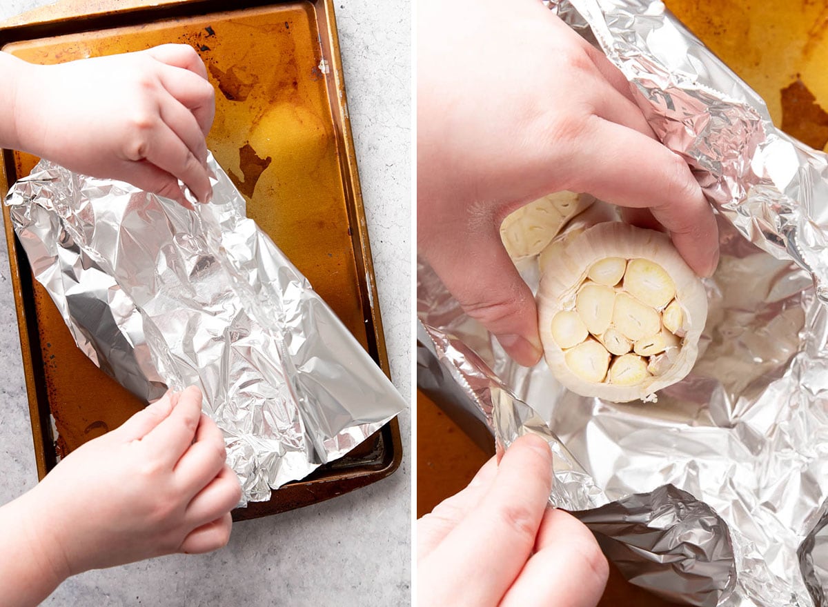 Dwa zdjęcia pokazujące sposób przygotowania pieczonego czosnku – umieszczenie czosnku w foliowym woreczku do pieczenia