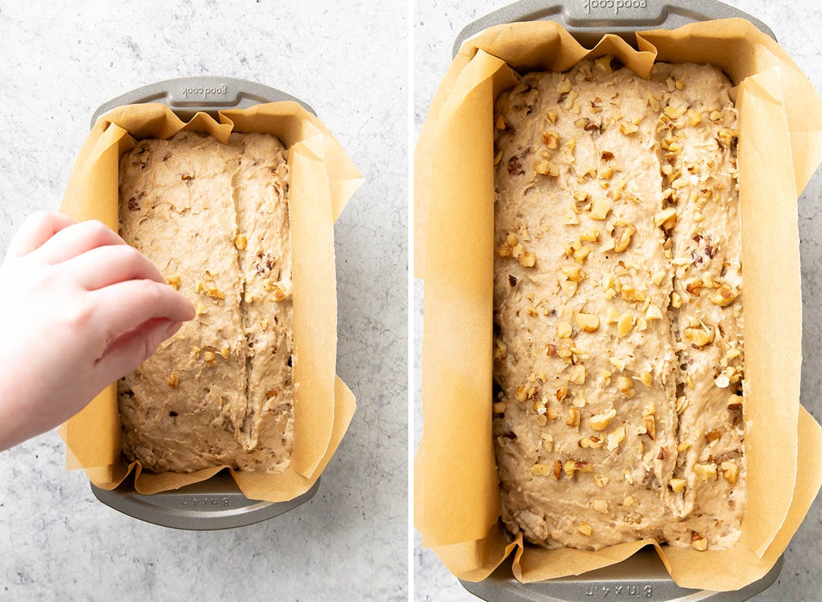 Two photos showing how to make One Bowl Banana Bread Gluten Free – pressing topping into the top of the loaf