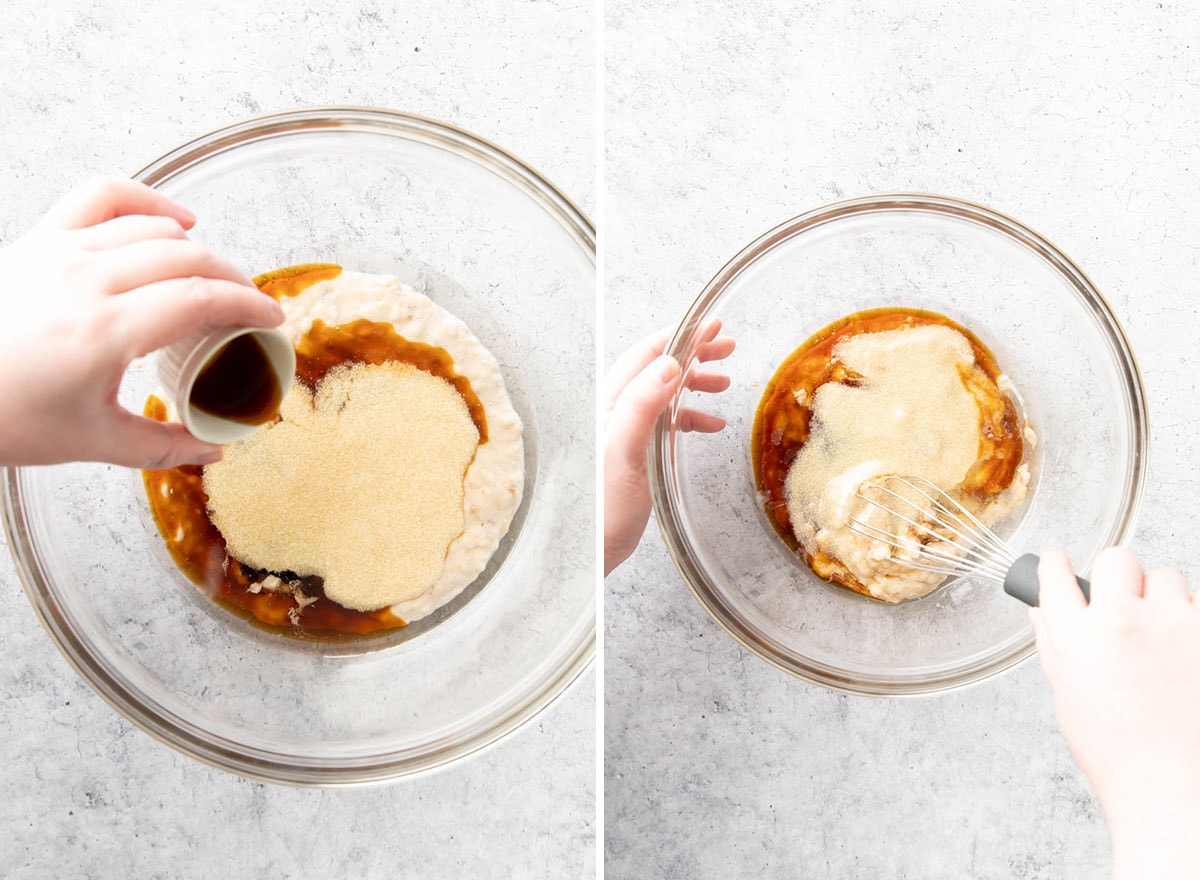 Two photos showing how to make Banana Bread Gluten Free – whisking wet ingredients together