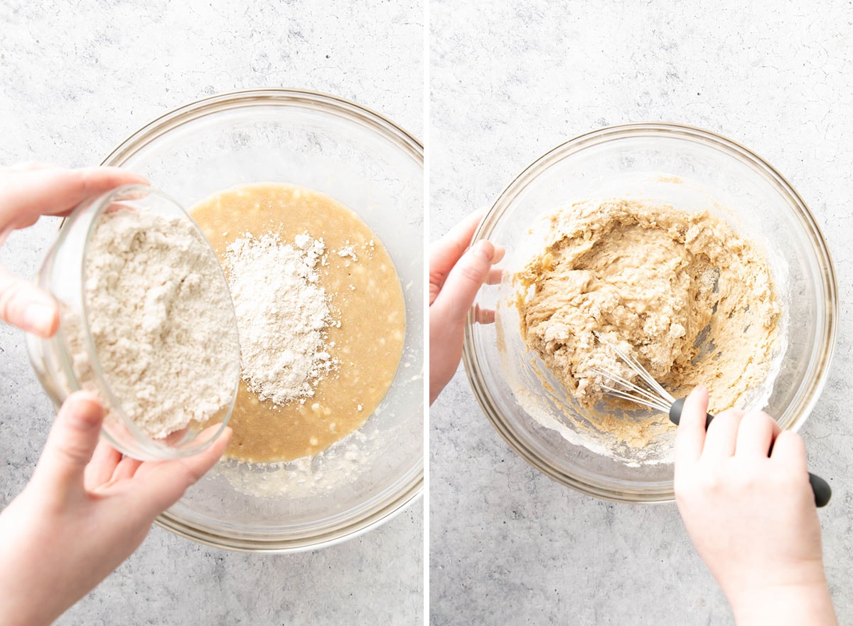 Two photos showing how to make Vegan Gluten Free Banana Bread – adding dry ingredients to create batter