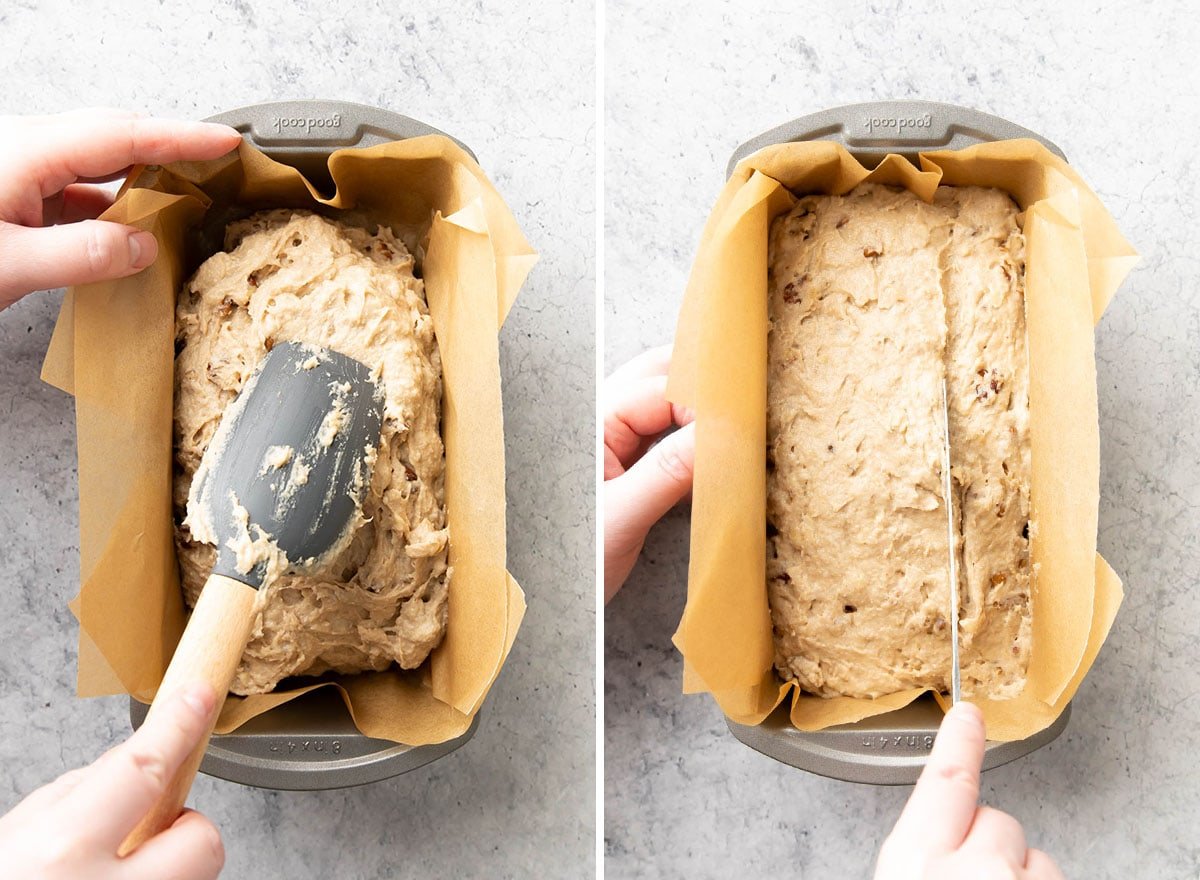 Two photos showing how to make One Bowl Banana Bread – spreading batter into lined loaf pan
