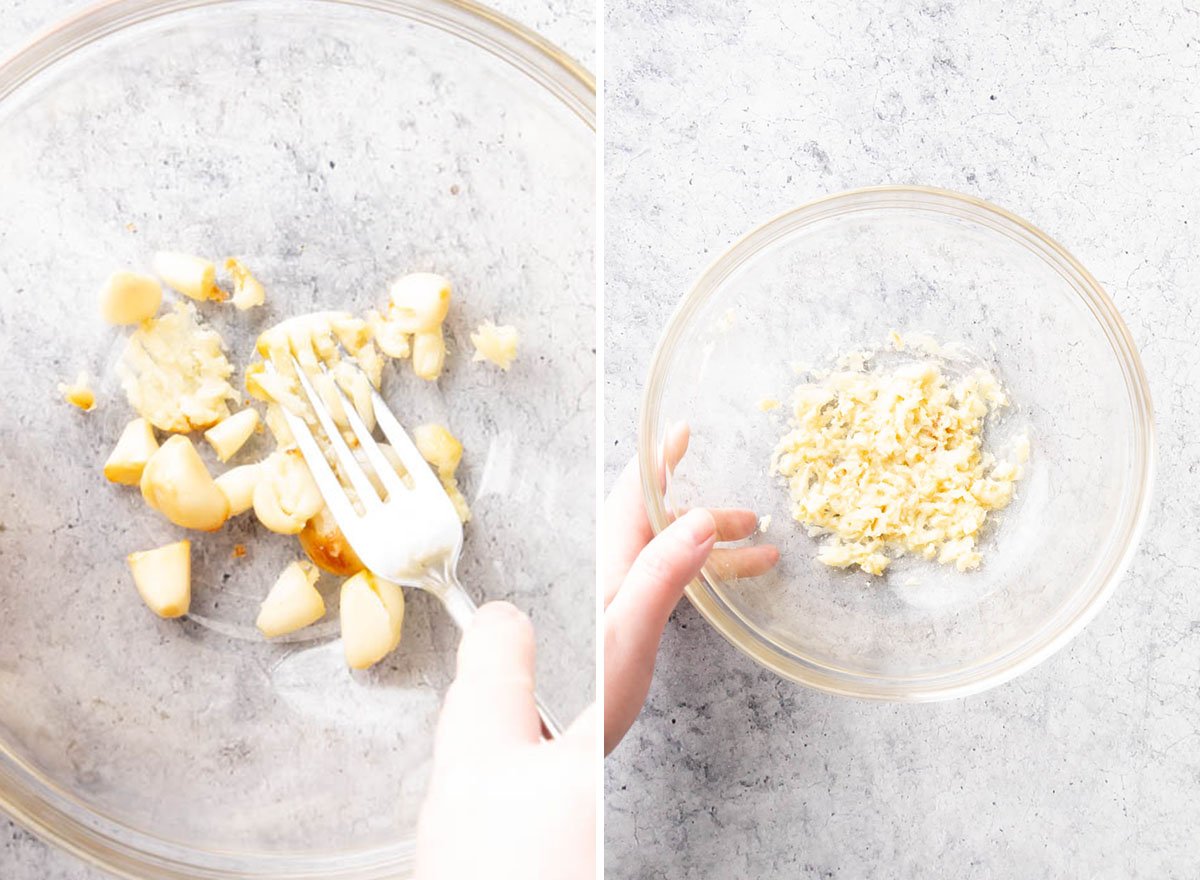 Two photos showing How to Make this recipe – mashing the garlic until smooth
