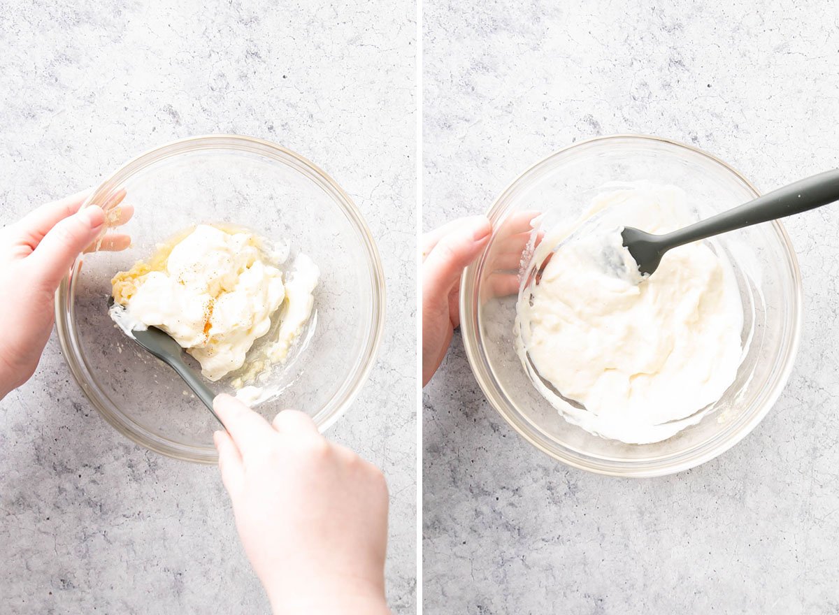 Two photos showing How to Make this easy dip recipe – stirring ingredients together
