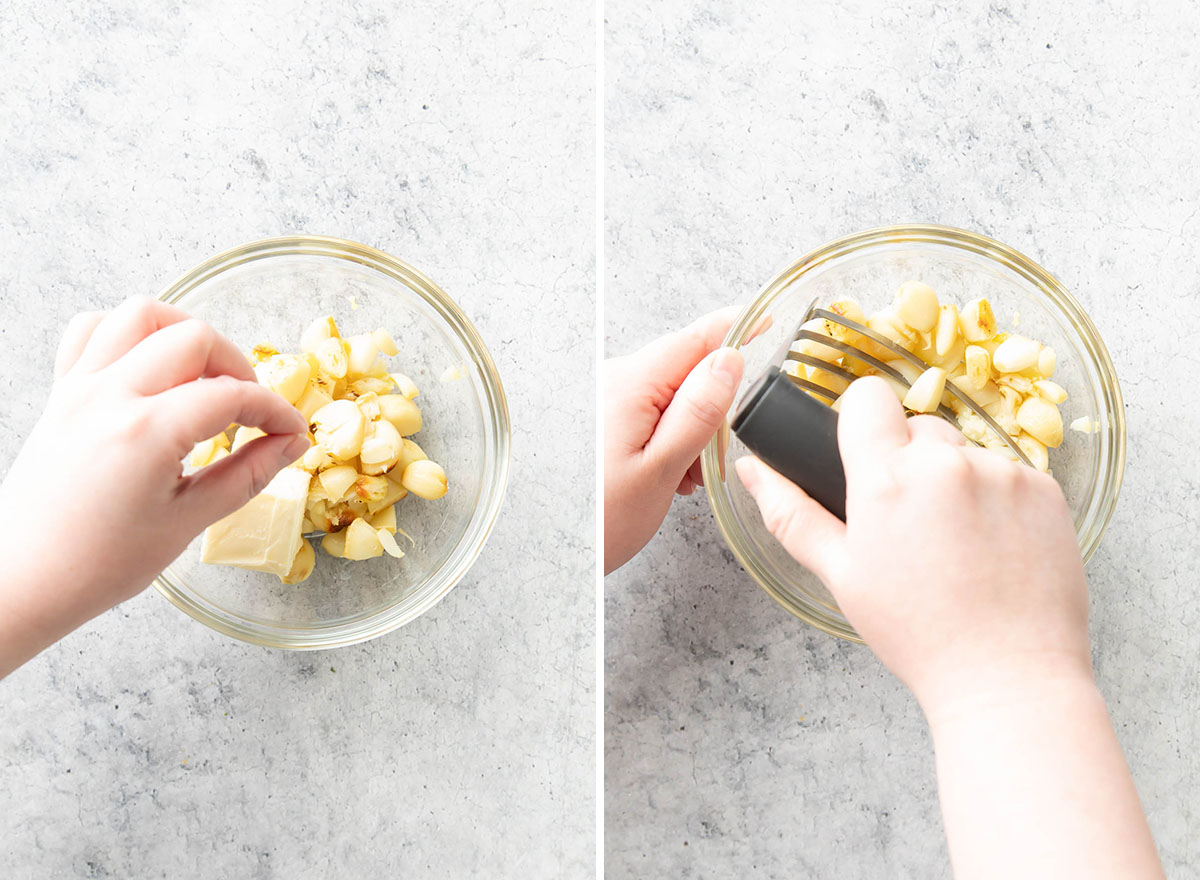 Two photos showing How to Make Garlic Bread with Roasted Garlic – making garlic butter