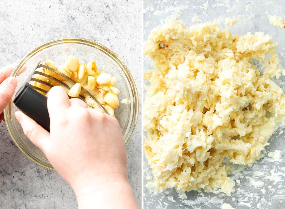 Two photos showing How to Make Roasted Garlic Bread recipe - mixing garlic and butter together to make roasted garlic spread for bread.