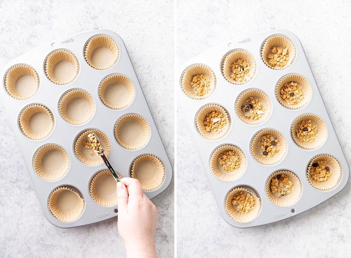 Two photos showing How to Make Strawberry Yogurt Bites – spooning granola into muffin liners