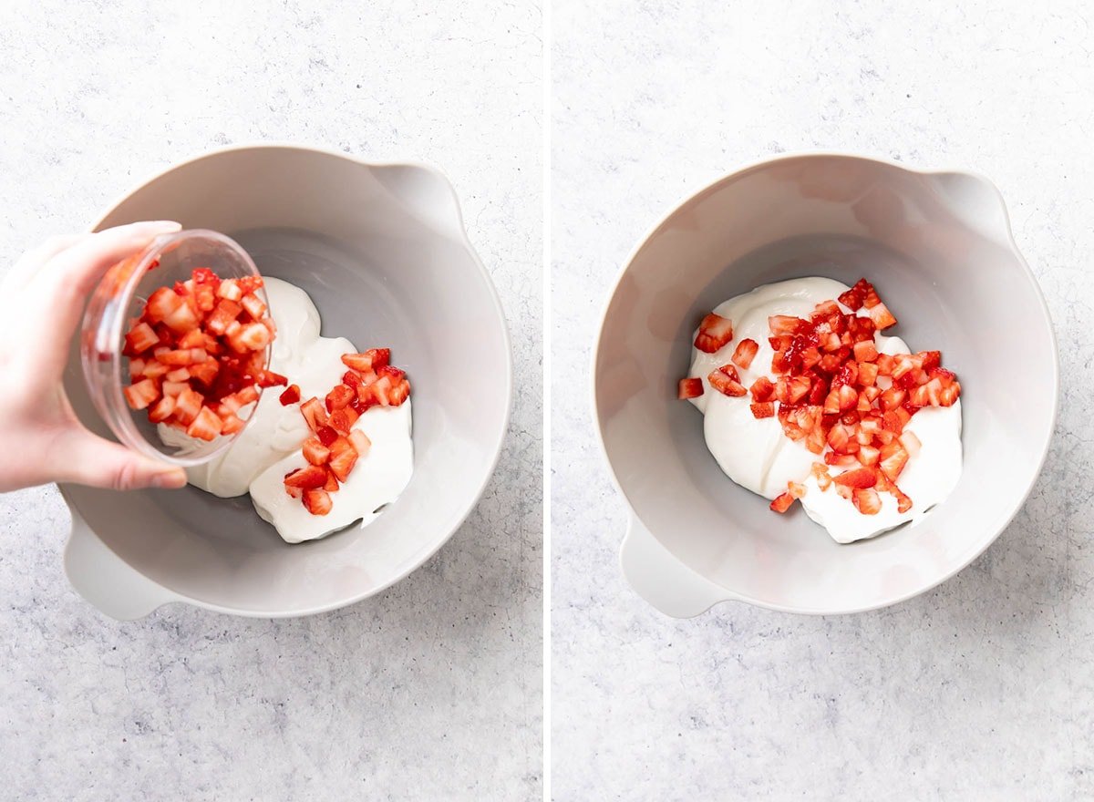 Two photos showing How to Make Strawberry Yogurt – adding strawberries over yogurt