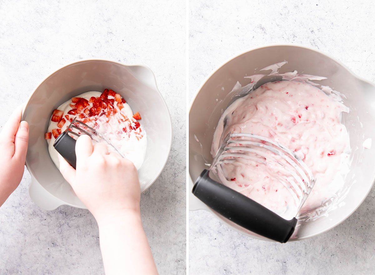 Two photos showing How to Make Strawberry Yogurt – mashing strawberries into yogurt to make strawberry yogurt
