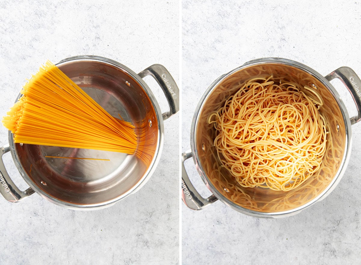 Dwa zdjęcia pokazujące jak zrobić makaron z pomidorami i bazylią – gotowanie makaronu