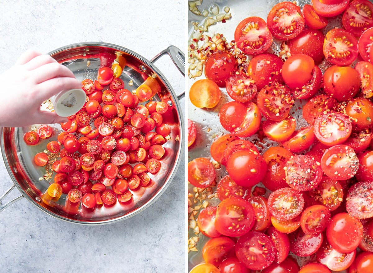 Dwa zdjęcia pokazujące jak zrobić makaron z pomidorami i bazylią – dodawanie soli i gotowanie pomidorów