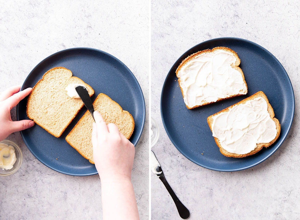 Two photos showing How to Make a Tomato Sandwich – spreading mayo over bread slices