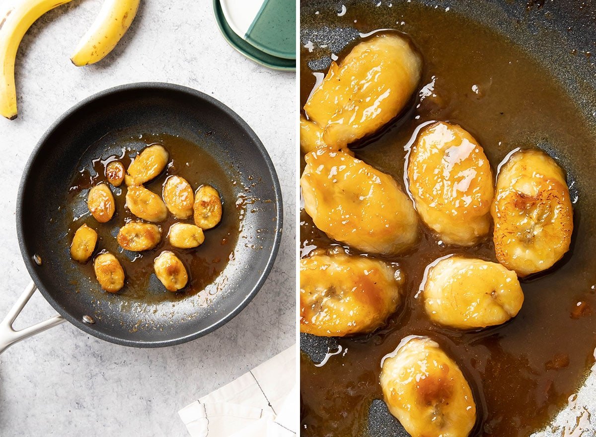 Caramelized bananas fully cooked in a nonstick skillet in a pool of sweet caramel sauce