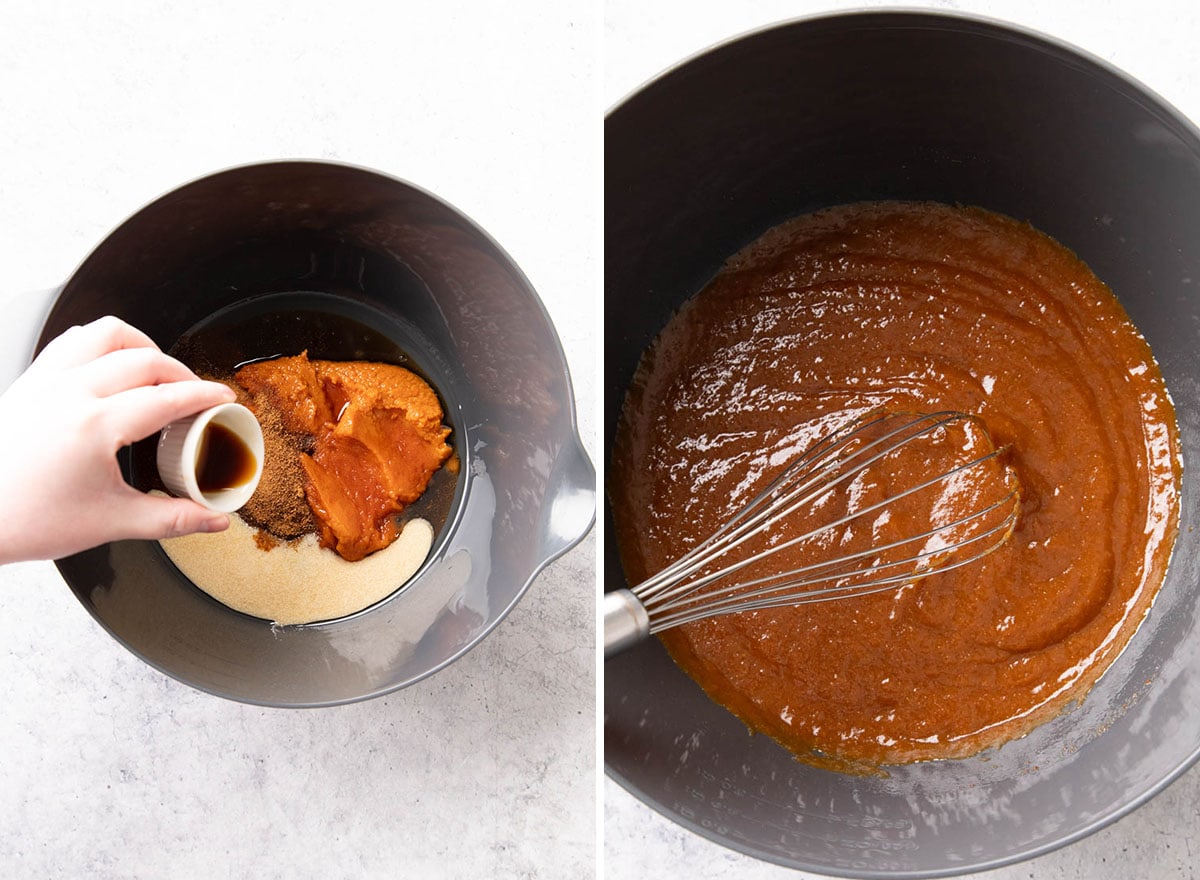 Two photos showing How to Make Gluten Free Vegan Pumpkin Bread – whisking wet ingredients together