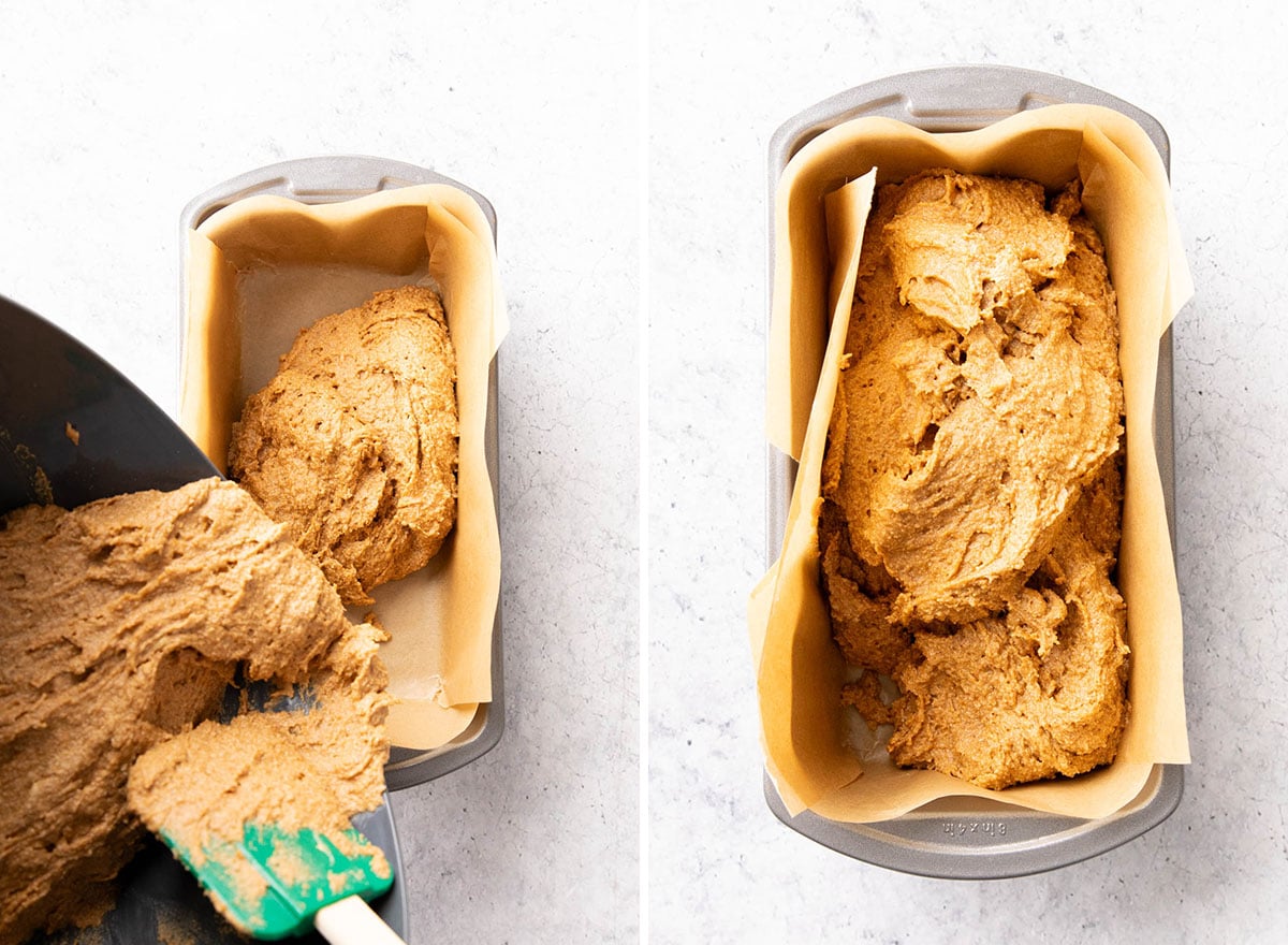 Two photos showing How to Make Pumpkin Bread Gluten Free – pouring batter into lined loaf pan