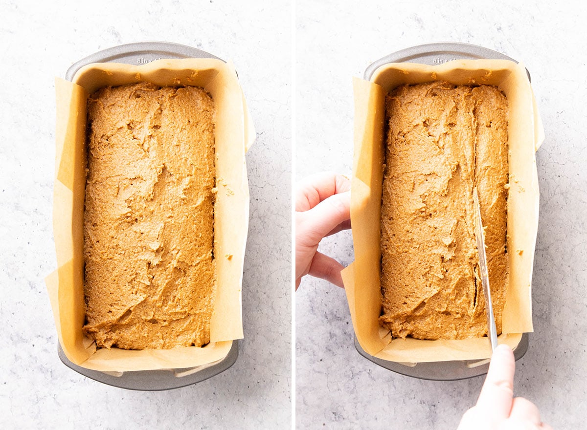Two photos showing How to Make this vegan gf and dairy free recipe – smoothing batter into a loaf