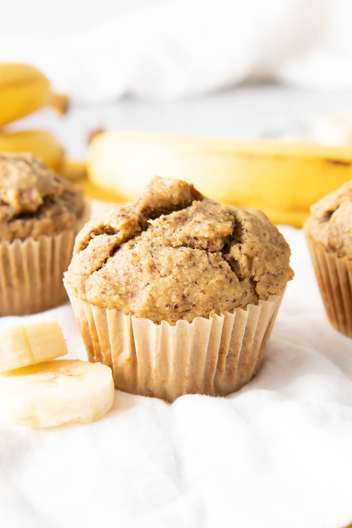 1 PS Single Muffin Close up – Close up of healthy banana muffins with banana slices