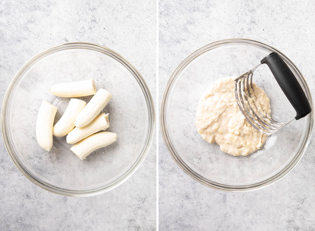 Two photos showing How to Make Healthy Banana Muffins – mash bananas