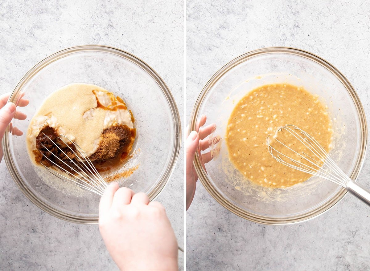 Dwa zdjęcia pokazujące jak zrobić zdrowe muffinki bananowe – mieszanie mokrych składników