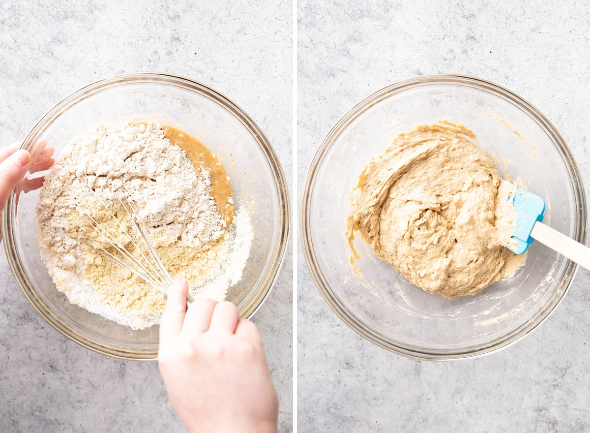Two photos showing How to Make Healthy Banana Muffins – combining the wet and dry ingredients