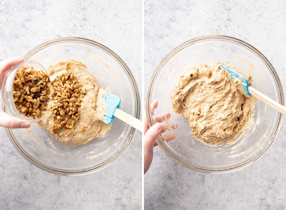 Two photos showing How to Make this recipe – folding in add-in ingredients such as walnuts