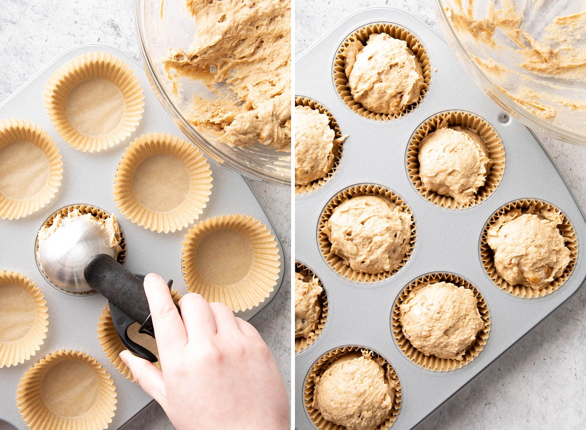 Two photos showing How to Make this recipe – scooping the batter into lined baking pan