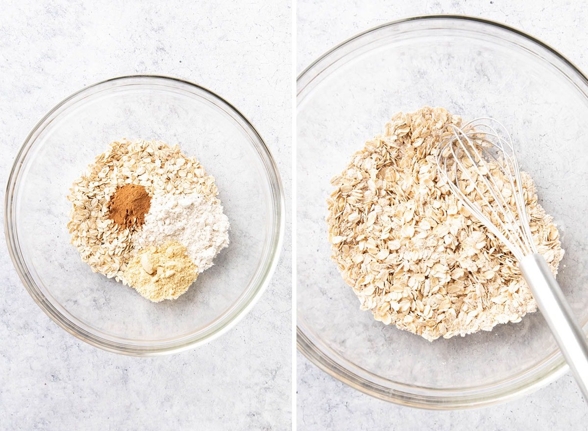 Two photos showing How to Make Healthy Peanut Butter Oatmeal Cookies – whisking dry ingredients together, including oats, oat flour, cinnamon, and more.